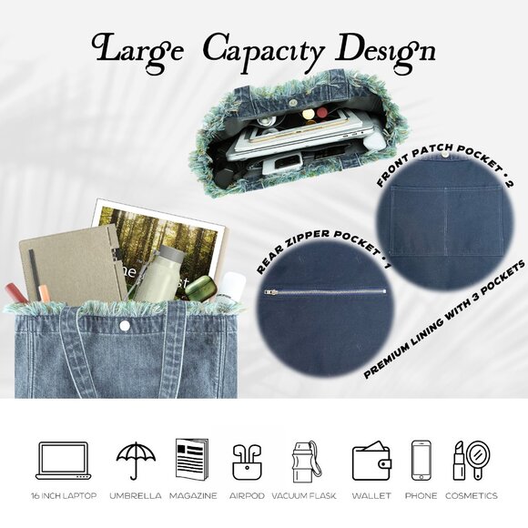 Brand New with Tag - Forest-Inspired Green Fringe Boho Denim Tote Bag - Picture 5 of 7